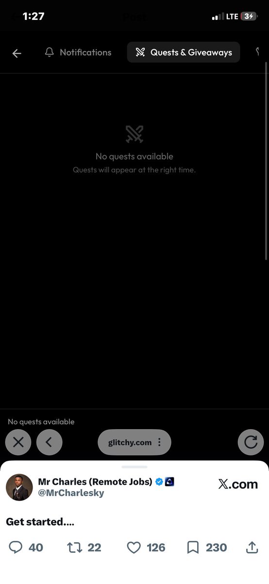 theelder94's tweet photo. @MrCharlesky @OlaMedaiyedu Mine is showing no quests https://t.co/hBwMuxi88x