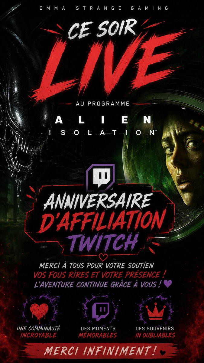 EmmaStrangeTV's tweet photo. Déjà 4 ans d'affiliation Twitch ! 💜 Merci pour votre soutien depuis le début. Rendez-vous ce soir à 19h45 pour fêter ça sur Alien: Isolation ! 👽🎮
#happybirthday #twitchstream #horrorgame https://t.co/iE14ELlmDz