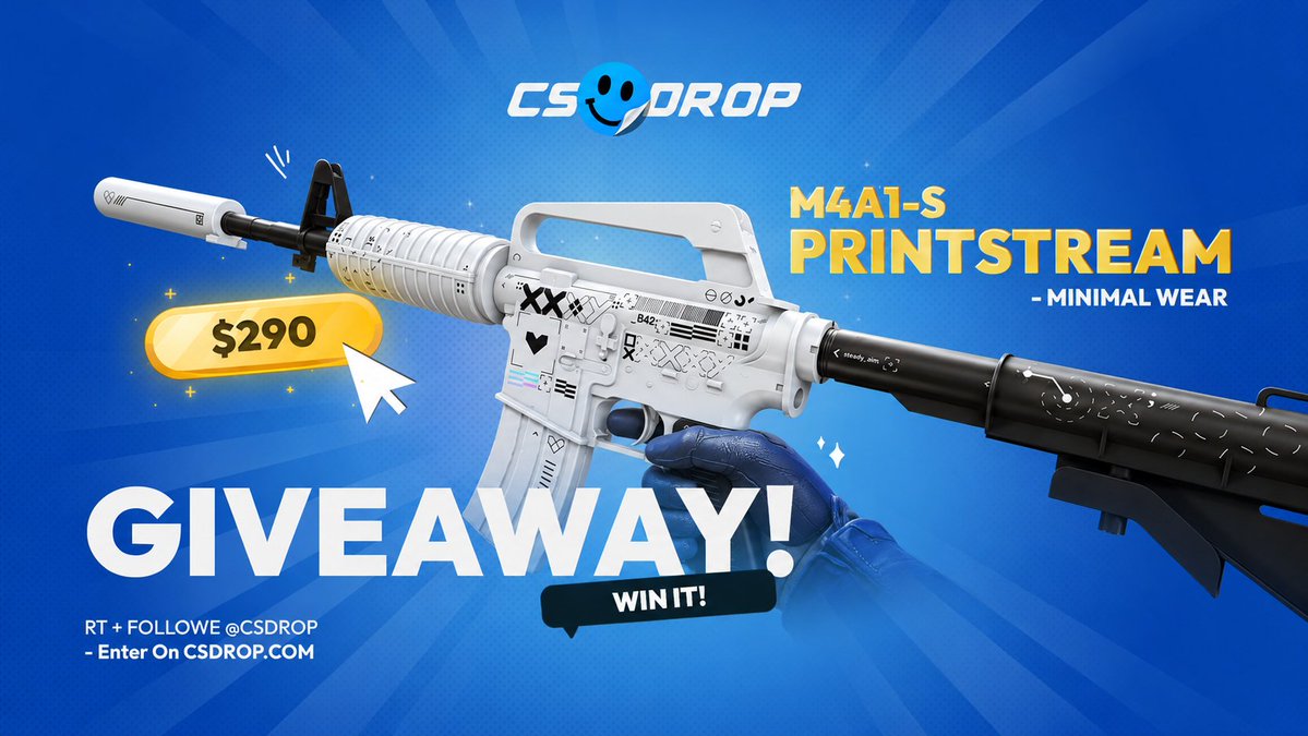 csdropcom's tweet photo. 💸 $290 SKIN GIVEAWAY 💸

Win an M4A1-S | Printstream (MW) worth $290! 🔥

How to enter:
✅ Follow
✅ Like + RT
✅ Tag your friends

⏰ Winner announced on July 15