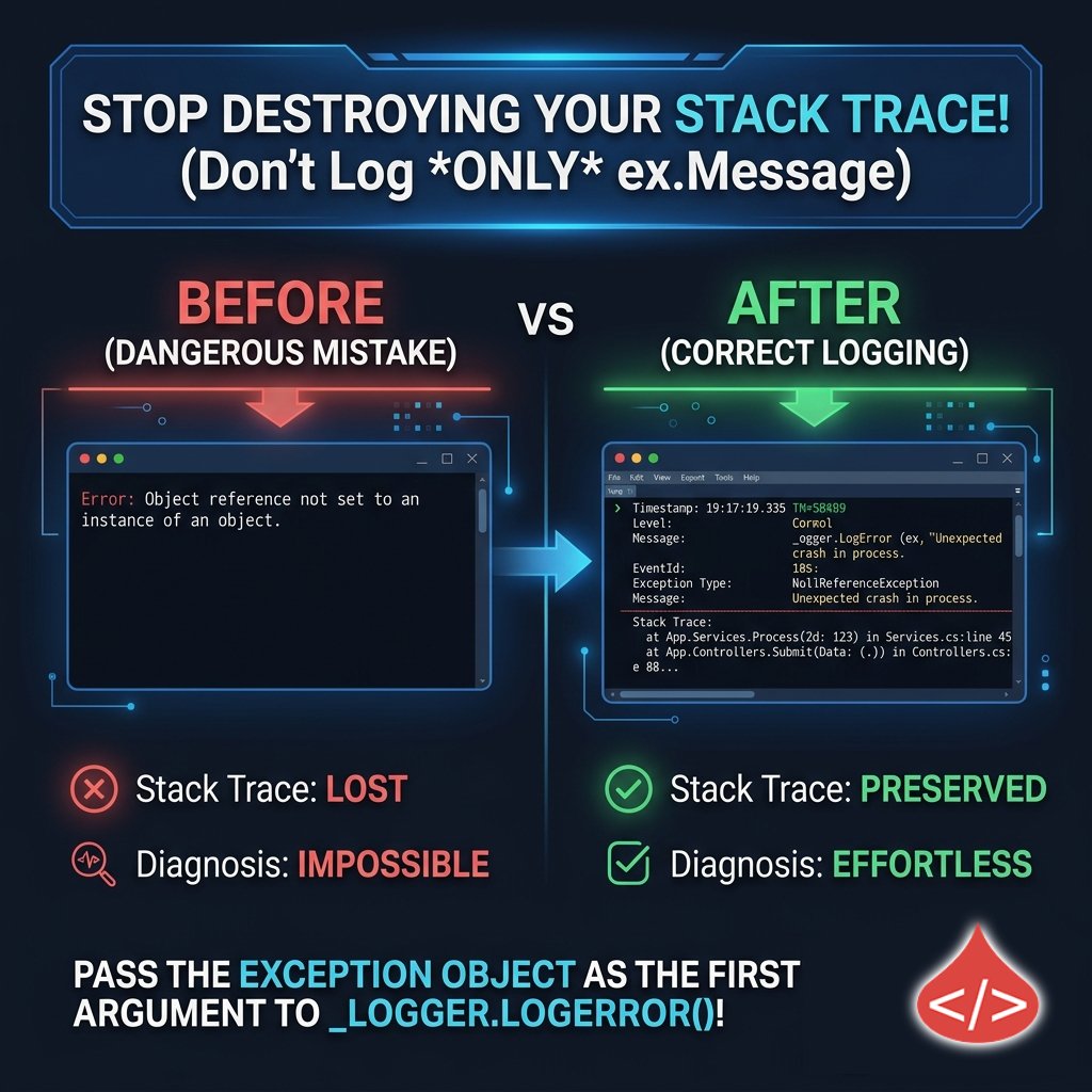 codingdroplets's tweet photo. You didn't log the error. You logged one sentence about it.
_logger.LogError(ex.Message) throws away the stack trace, inner exception + type.
_logger.LogError(ex, "context") keeps all of it.
The fix is one argument.
https://t.co/Er6bS0RLUK
#dotnet #aspnetcore https://t.co/Z59tubYgXx