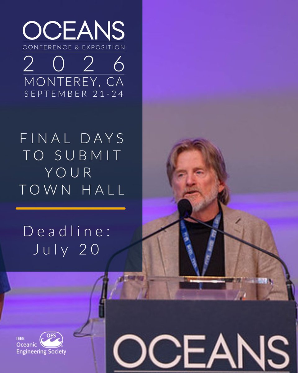 OCEANS_Conf's tweet photo. OCEANS 2026 Monterey seeks proposals for Town Halls &amp; Panels to spark ocean community dialogue. Submit by July 20! 🌊 #OCEANS2026Monterey #CallForProposal https://t.co/qLE61W8nrD