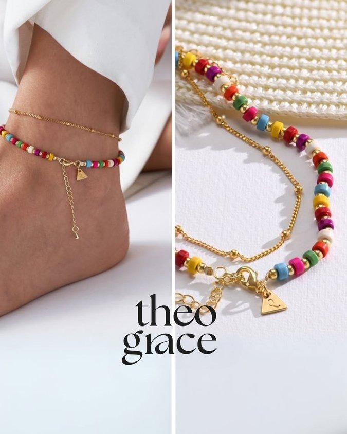 theogrofficial's tweet photo. Meet your new favorite summer staple. ✨
Elevate your warm-weather look with a stunning, custom waterproof anklet from Theo Grace by Nicky Hilton. Perfect for layering, sunbathing, and swimming.