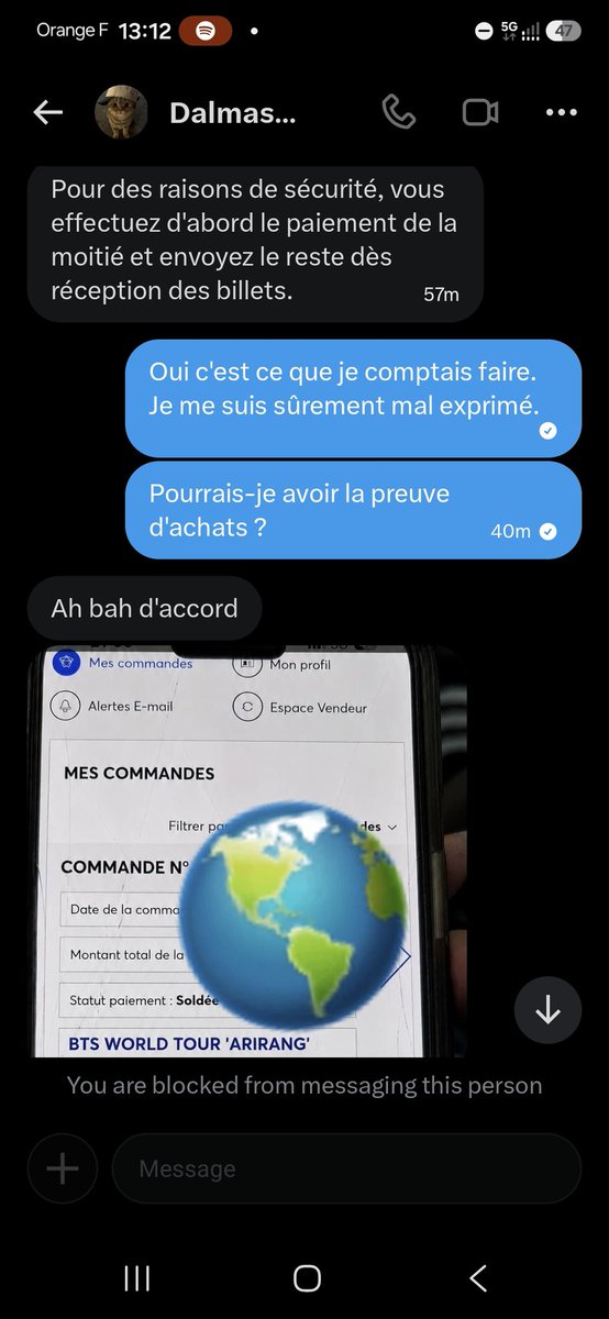 honeyishy's tweet photo. ARNAQUE REVENTE BILLET BTS PARIS.
Sur un autre de mes comptes, j'ai voulu récupérer 2 tickets pour le 18.
Le prix : 70€ l'unité. On s'est arrangé pour que j'envoie 90€, pour assurer les billets et envoyer le reste après réception
 1/2 
@alsso_321 

#Paris #BTS_ARİRANG #arna https://t.co/FlTWRTvT0H