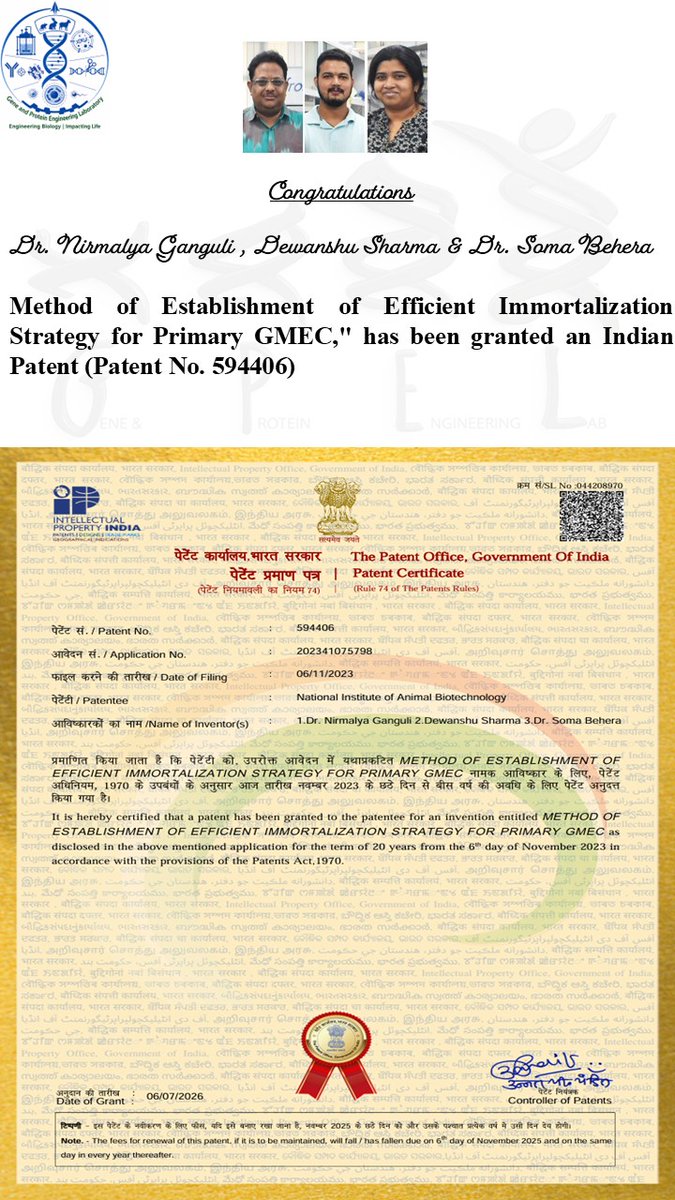 gpel_niab's tweet photo. Excited to announce that invention from our lab @HydNiab  "Method of Establishment of Efficient Immortalization Strategy for Primary GMEC," has been granted an Indian Patent (Patent No. 594406).

Congratulations to @Nirmaly29638362 , Dewanshu Sharma , Soma Behera https://t.co/lhYiBVGdCF