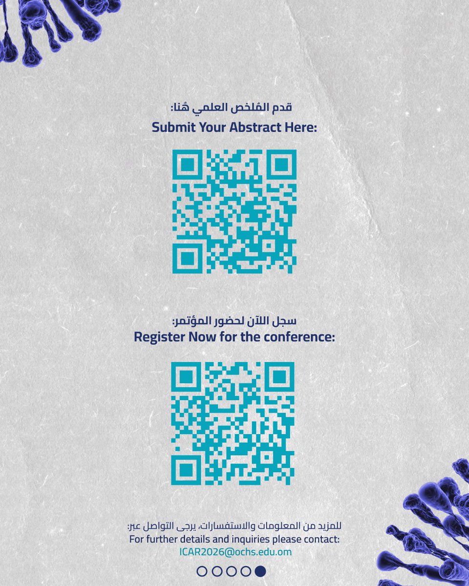 OCHS_HQ's tweet photo. كن جزءًا من المؤتمر الدولي لمقاومة مضادات الميكروبات (ICAR 2026)، وساهم بأبحاثك في مناقشة أبرز التحديات والابتكارات في مجال مقاومة مضادات الميكروبات.

📍 متحف عُمان عبر الزمان – نزوى
📅 18–19 نوفمبر 2026
⏳ آخر موعد لتقديم الملخصات: 6 أغسطس 2026

سجّل وقدّم ملخصك عبر رمز QR أو البريد الإلكتروني الموضح في المنشور.

#ICAR2026 #كلية_عمان_للعلوم_الصحية #AMR #البحث_العلمي