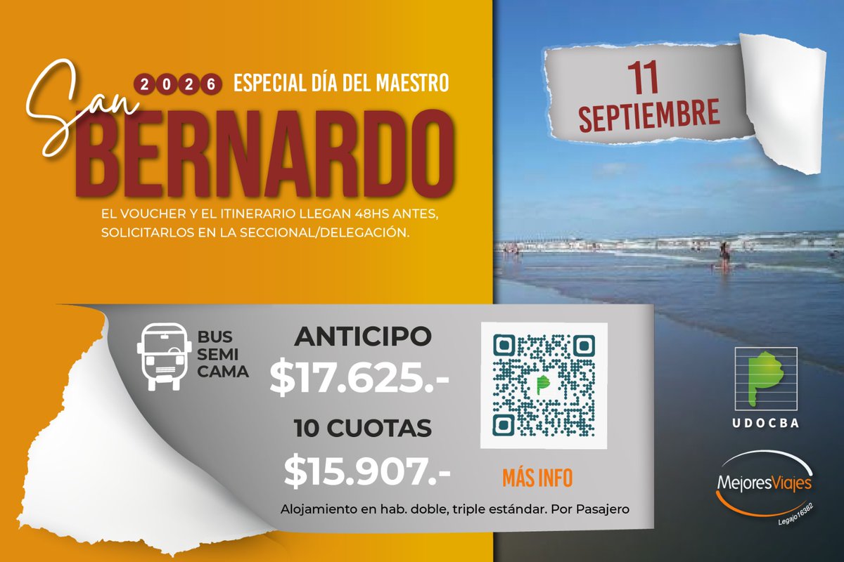 udocbacentral's tweet photo. Viajá con UDOCBA en las salidas especiales por el Día del Maestro

📍 San Pedro, Tandil, Dolores, San Bernardo, Huerta Grande, Isla Martín García y Termas de Chajarí

🚌 Traslados en bus semi cama https://t.co/uWHSPFi0fu