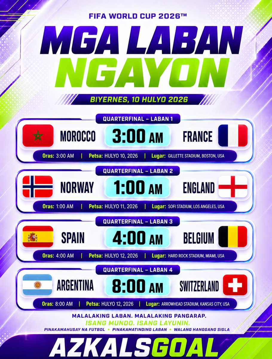 AzkalsGoal's tweet photo. ⚔️ Handa na ba sa Quarterfinals? Ang laban ay mas iinit, at bawat minuto ay mahalaga! 🌍🔥
#fifaworldcup2026 #quarterfinal #matchday #football #soccer https://t.co/CkpiF0A7op