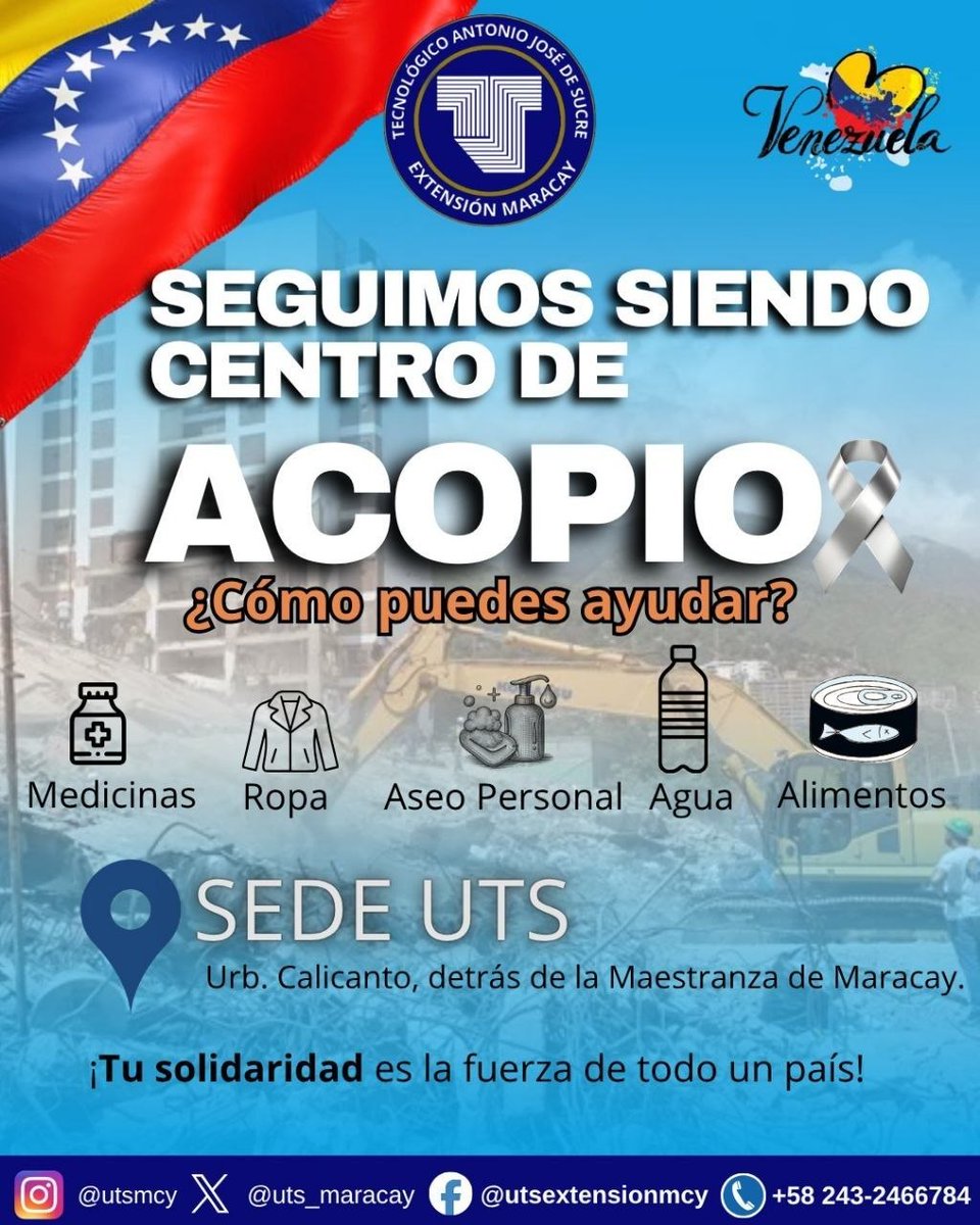 uts_maracay's tweet photo. Seguimos unidos ante la emergencia. 🇻🇪

En el Tecnológico Antonio José de Sucre, extensión Maracay continuamos recibiendo tus aportes para los afectados por los terremotos.

#maracay #centrodeacopio https://t.co/DV6jUYld8m