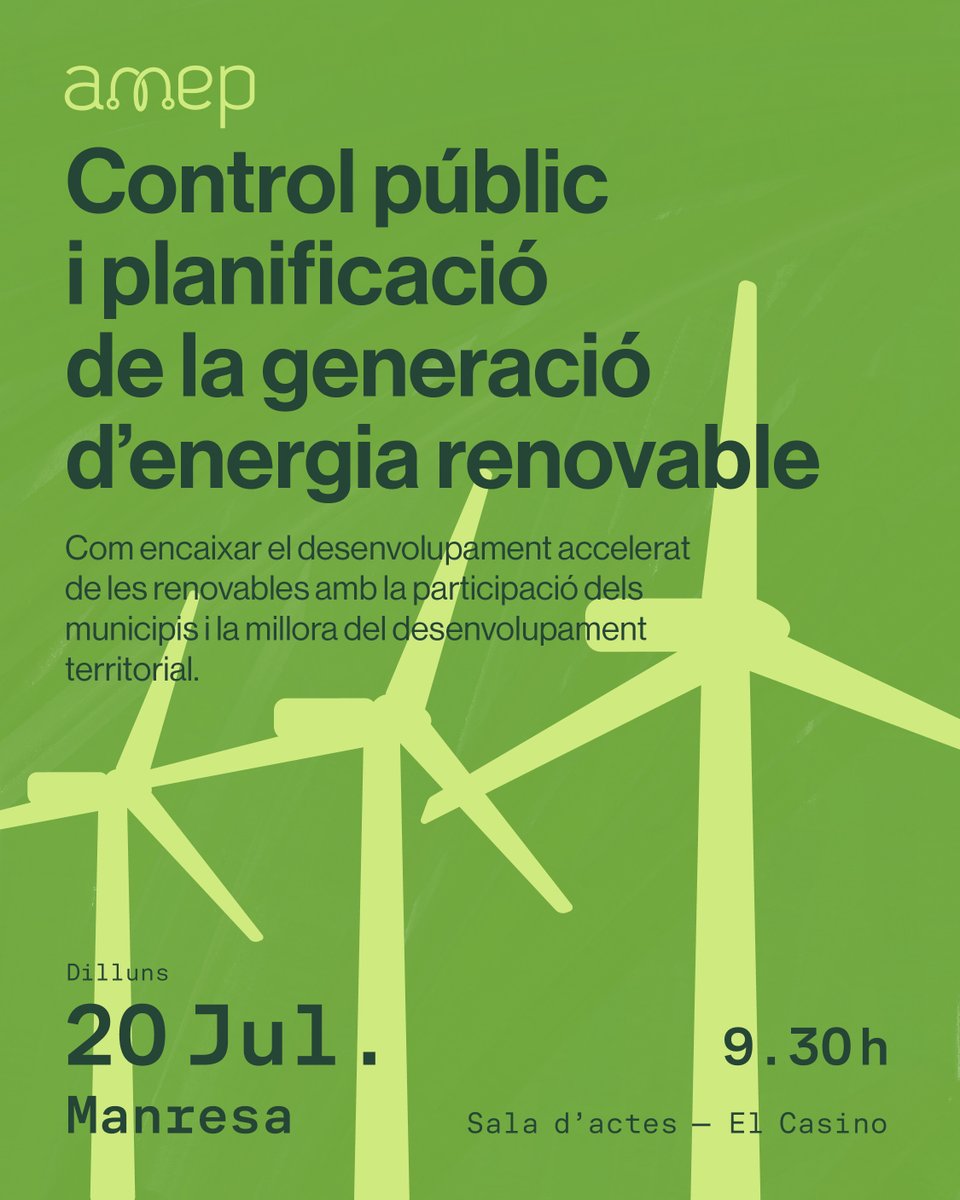 Amep_Cat's tweet photo. L' @Amep_Cat 👁‍🗨us convida a la seva pròxima Jornada:

🧩Control  públic i planificació de la generació d’energia renovable: com encaixar  el desenvolupament accelerat de les renovables amb la participació dels  municipis i la millora del desenvolupament territorial. https://t.co/tx6xum2mQC