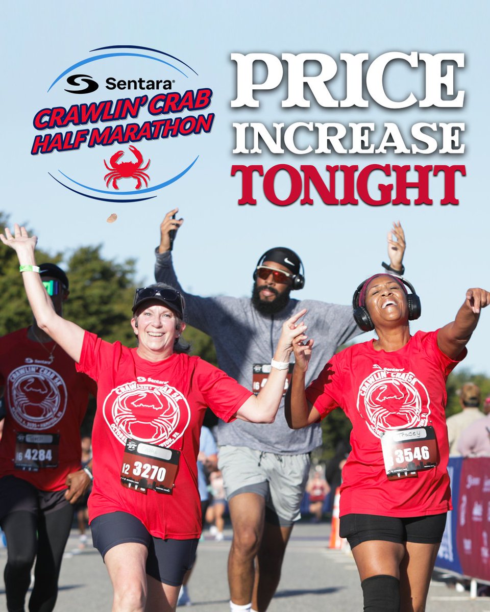JandARacing's tweet photo. The clock is tickin’ and this deal is about to crack!
Prices for the Sentara Crawlin’ Crab Half Marathon &amp; 5K go up at 11:59PM TONIGHT — don’t let these savings slip through your claws! 

Register: https://t.co/IkOe5N5JjV https://t.co/9iknbKQvtq