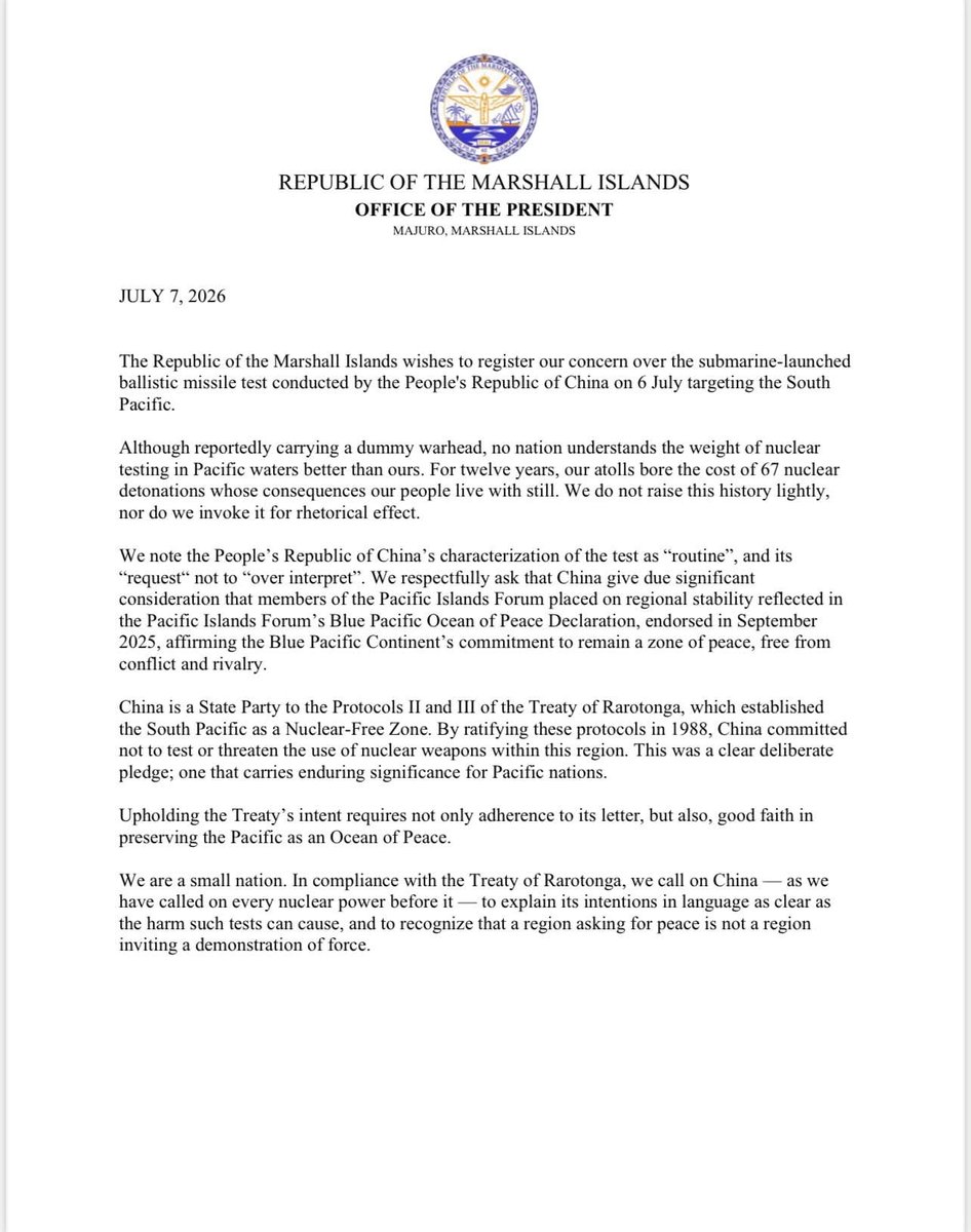 AnnaPowles's tweet photo. Powerful statement from Marshall Islands calls on China to explain the SLBM test "targeting the South Pacific"; reminds China of its obligations as a Treaty of Rarotonga signatory; &amp; to recognize "that a region asking for peace is not a region inviting a demonstration of force." https://t.co/E3xo3bdSSz