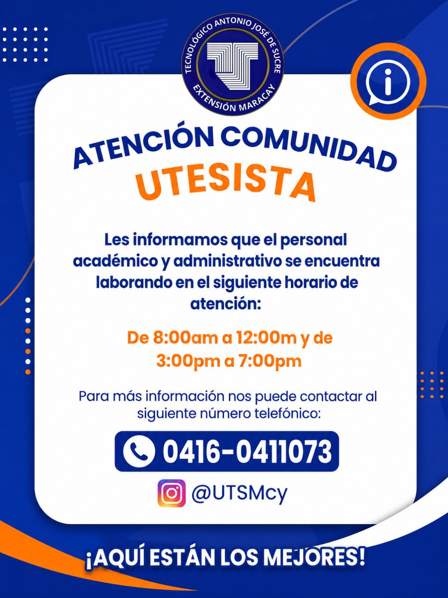 uts_maracay's tweet photo. Comunidad UTESISTA 📣
Les informamos que el personal académico y administrativo se encuentra laborando en el siguiente horario de atención: De 8:00am a 12:00m y de 3:00pm a 7:00pm.

Para más información nos puede contactar al siguiente número telefónico: 0416-0411073

#maracay https://t.co/i7aZD4dx5s