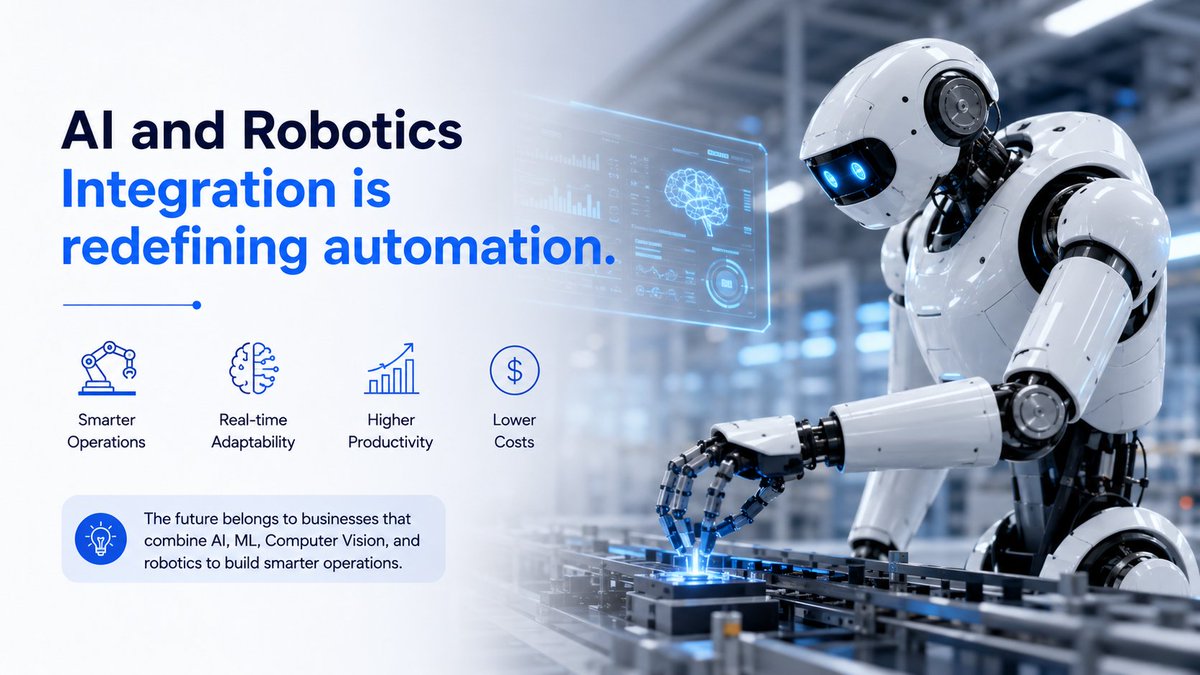 BRILCS's tweet photo. AI + Robotics isn't two technologies anymore it's one autonomous system. Machines that learn,decide, &amp; adapt with minimal human input. Manufacturing, healthcare,logistics,retail all being rewired.Not optional. Competitive advantage. How's this hitting your industry?
#AI #Robotics https://t.co/czVxKyW1KQ
