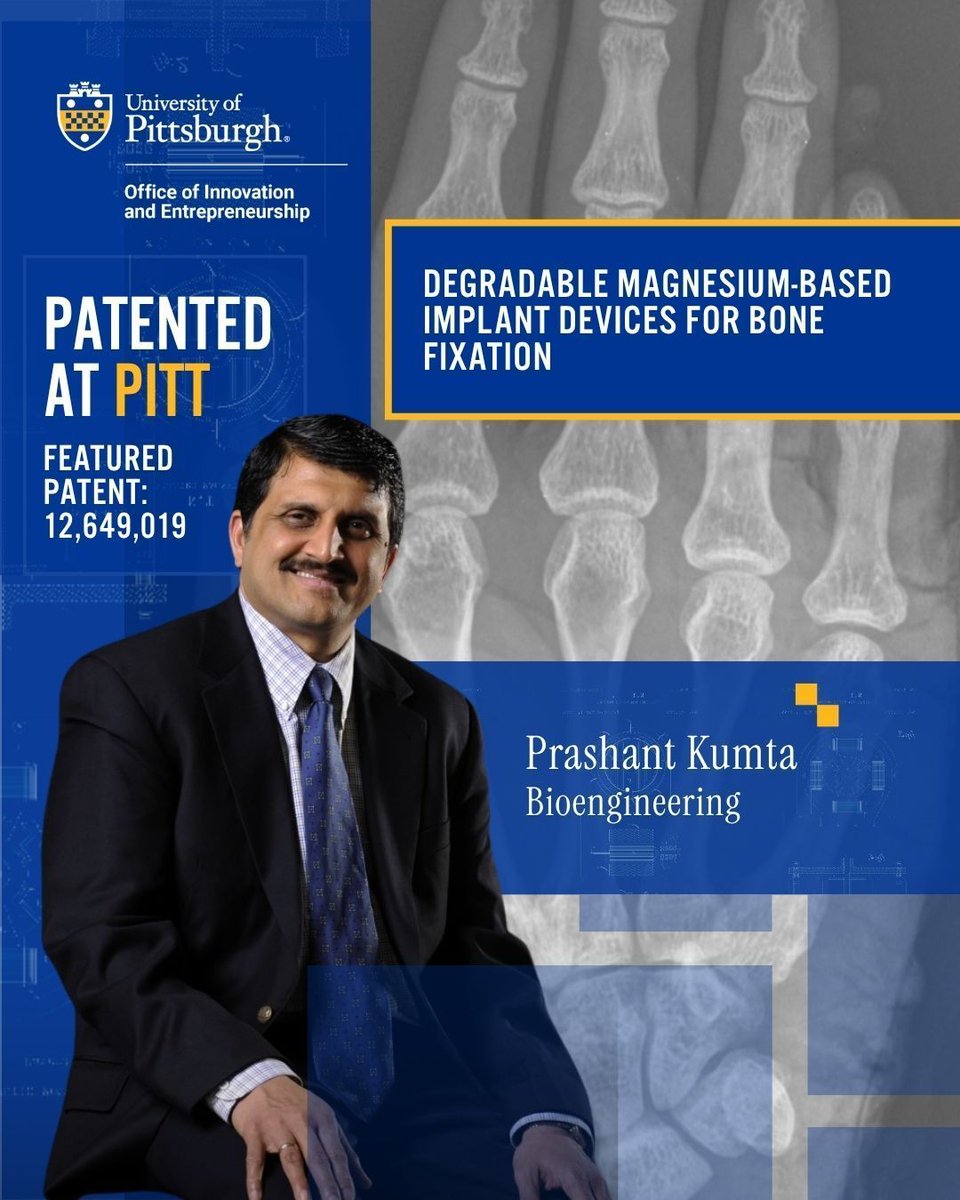PittInnovates's tweet photo. 🦴 What if broken bones could heal without a second surgery to remove metal implants?

Pitt innovators have developed biodegradable implants that gradually dissolve as bone heals. 

This featured patent is available for licensing.

 https://t.co/GFck3D7wXs https://t.co/Hmo8Wy1eoT