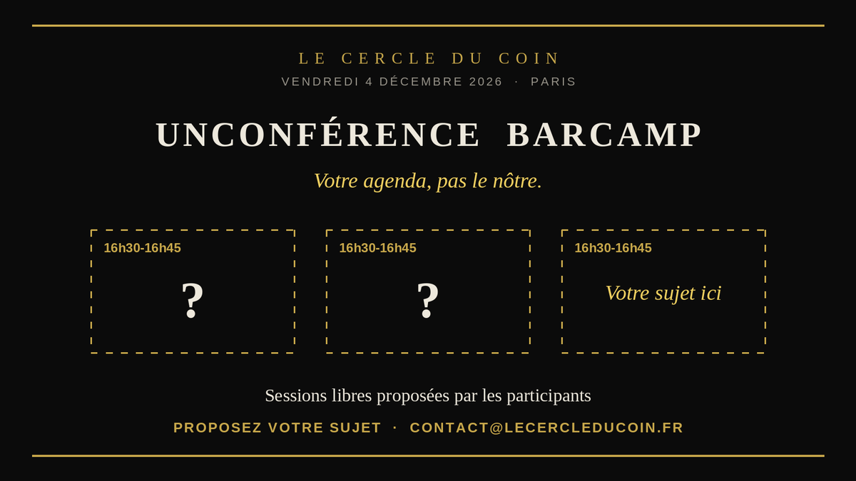 AssoCDC's tweet photo. 🎤 On a gardé une place dans le programme. Elle est pour vous.

Le 4 décembre à Paris, un créneau est réservé aux unconférences BarCamp : plusieurs sessions en parallèle, sur vos sujets. Votre agenda, pas le nôtre.

Une idée à présenter ? 📩 contact@lecercleducoin.fr https://t.co/Mj7E2oMFKq