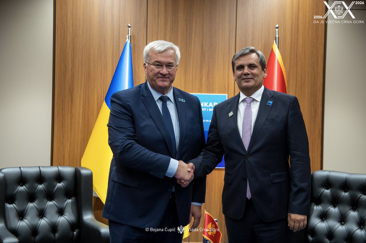 MFA_MNE's tweet photo. Montenegro remains steadfast in its support for Ukraine.

During the meeting with the Minister of Foreign Affairs of Ukraine, @andrii_sybiha, on the margins of the NATO Summit in Ankara, DPM & FM Ervin Ibrahimović reaffirmed Montenegro’s unwavering commitment to Ukraine’s sovereignty, independence and territorial integrity, underscoring that continued Allied unity and support remain essential to securing a just and lasting peace. 🇲🇪🇺🇦