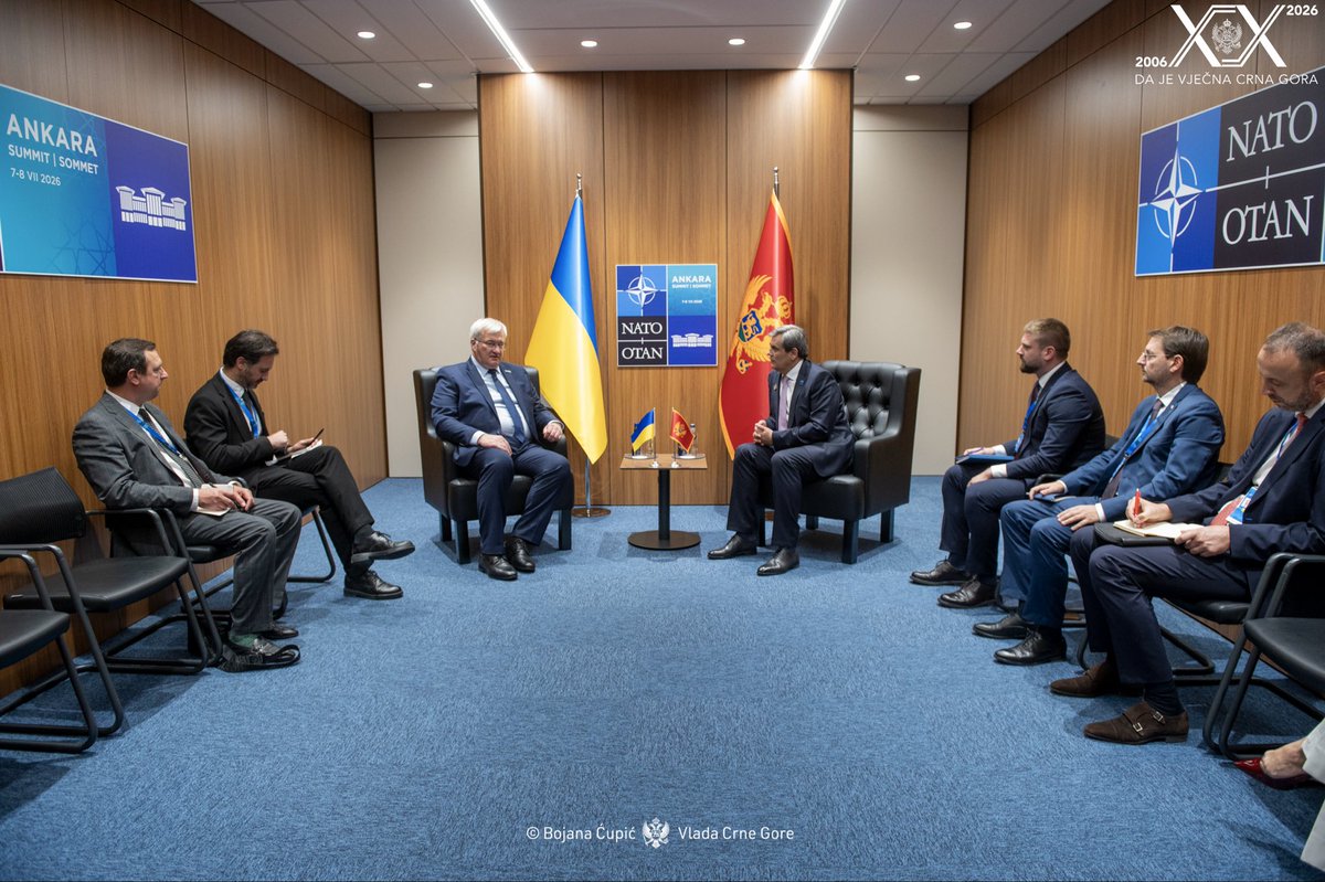 MFA_MNE's tweet photo. Montenegro remains steadfast in its support for Ukraine.

During the meeting with the Minister of Foreign Affairs of Ukraine, @andrii_sybiha, on the margins of the NATO Summit in Ankara, DPM & FM Ervin Ibrahimović reaffirmed Montenegro’s unwavering commitment to Ukraine’s sovereignty, independence and territorial integrity, underscoring that continued Allied unity and support remain essential to securing a just and lasting peace. 🇲🇪🇺🇦