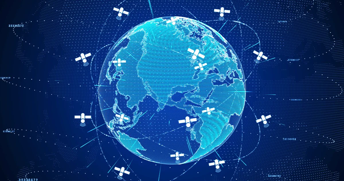 Une illustration numérique en pointillés bleus de la planète Terre, entourée d'un réseau d'icônes de satellites blancs et de lignes d'orbite sur un fond bleu foncé.