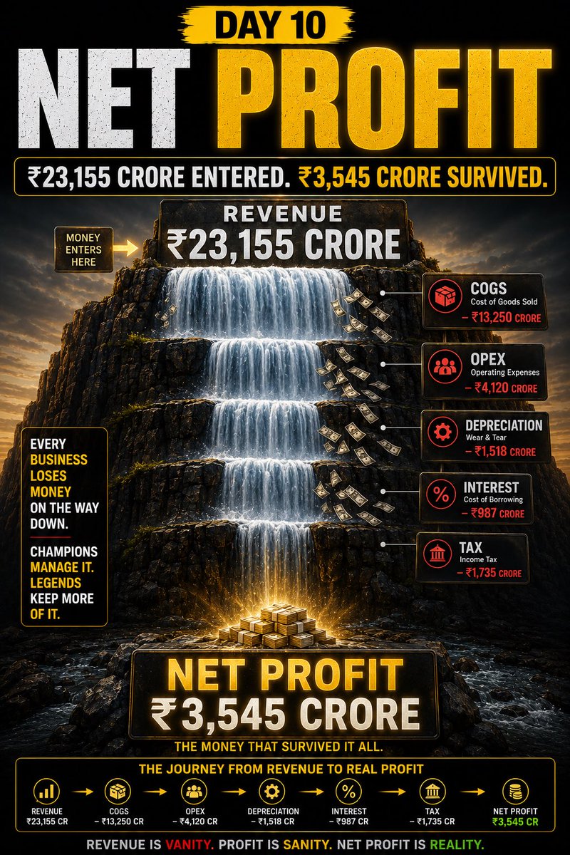 opportunist_inv's tweet photo. #Day32/90 
#Thirtysecondthdayofthe90dayjourney #opportunist_investor 
#Netprofit 

Revenue 💰💰is what a company earns.
Net Profit 🪎🪎is what the owners actually keep.
Those two numbers are often worlds apart.
Here's why. 🧵

One last time, the tea stall:
➡️Revenue ₹1,000 ➡️Raw Materials ₹600 ➡️Operating Expenses ₹250 ➡️Depreciation ₹20 ➡️Interest ₹10
 = PBT ₹120 − Tax ₹20 = NET PROFIT ₹100
That ₹100 is what actually belongs to the owner.

Now look at Nestlé India (FY26):
✅Revenue: ₹23,155 Cr
After paying for raw materials, employees, operations, depreciation, interest, and taxes...
✅Net Profit: ₹3,545 Cr.
