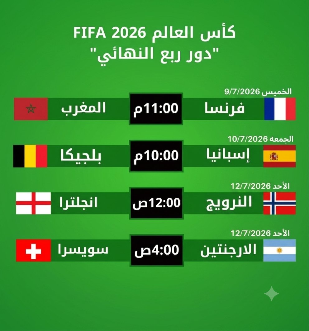 epraaaa1's tweet photo. جدول مباريات ربع نهائي مونديال 2026 🔥🔥🔥
الخميس 9 إلى الأحد 12 يوليو https://t.co/MPmV8AdjbA