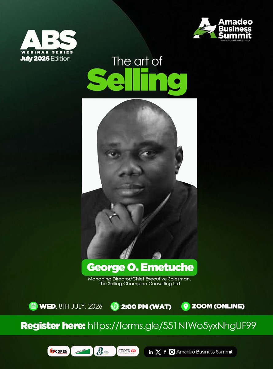 amadeosummit's tweet photo. In just 20 minutes, join us for the ABS Webinar Series on The Art of Selling with George O. Emetuche.
If you're ready to grow your sales, influence more customers, and increase your business results, this session is for you.

Join us on Zoom at 2:00 PM (WAT)

#Abs #Excellence https://t.co/iuWLKcKxMJ