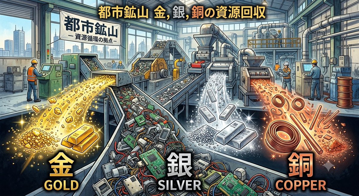 kaneshou4545's tweet photo. 💰【日本人、宝の地図を持っていた。】

子どもの頃、
「金鉱を掘って一攫千金✨」
なんて夢を見ませんでしたか？

実は、その金鉱…

山じゃありませんでした😂

家の押し入れに眠る📱古いスマホ
💻壊れたパソコン
🖨️動かないプリンター
📠コピー機

全部、「都市鉱山」です。

なんと電子基板1トンから100g以上の金が採れるものもあるそうです😳

しかも日本の都市鉱山には、
世界に存在する金の埋蔵量の約10％に相当する資源が眠っているという試算まであります。

金だけじゃありません。

🥇金
🥈銀
🥉銅
💎パラジウム
⚡タンタル
🚀ルテニウム

スマホ1台には、未来のハイテク産業を支える貴金属がギュッと詰まっています。

昔はツルハシを持って山へ。

今はAIが電子部品を仕分けし、高温水蒸気で分解し、まるで錬金術のように金を取り出す時代。

まさに令和版『ゴールドラッシュ』です。

政府も2030年までに約1兆円を投資して、この”都市鉱山”の開発を本格化させる方針。

天然資源が少ないと言われてきた日本ですが、

もしかすると…

日本最大の資源は、
**「捨てられているモノ」**なのかもしれません。

だから私は思います。

今日ゴミとして捨てた電子機器が、
10年後には「なんで捨てたんだ…😱」と言われる時代が来ても不思議じゃない。

宝探しは終わっていなかった。

場所が、
山から街へ変わっただけだった。✨

#都市鉱山 #ゴールドラッシュ #金 #レアメタル #レアアース #AI #半導体 #資源 #日本 #リサイクル #投資 #未来 #テクノロジー #経済 #夢がある