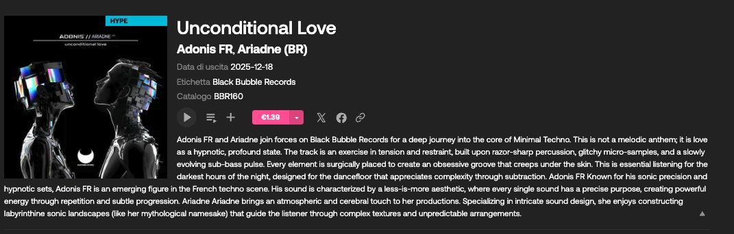 BlackBubbleRec's tweet photo. Unconditional Love
Adonis FR, Ariadne (BR) #beatporthype
Track of the week! https://t.co/G7KIofJYbO #deephouse #ibiza https://t.co/Px4ClsVNde