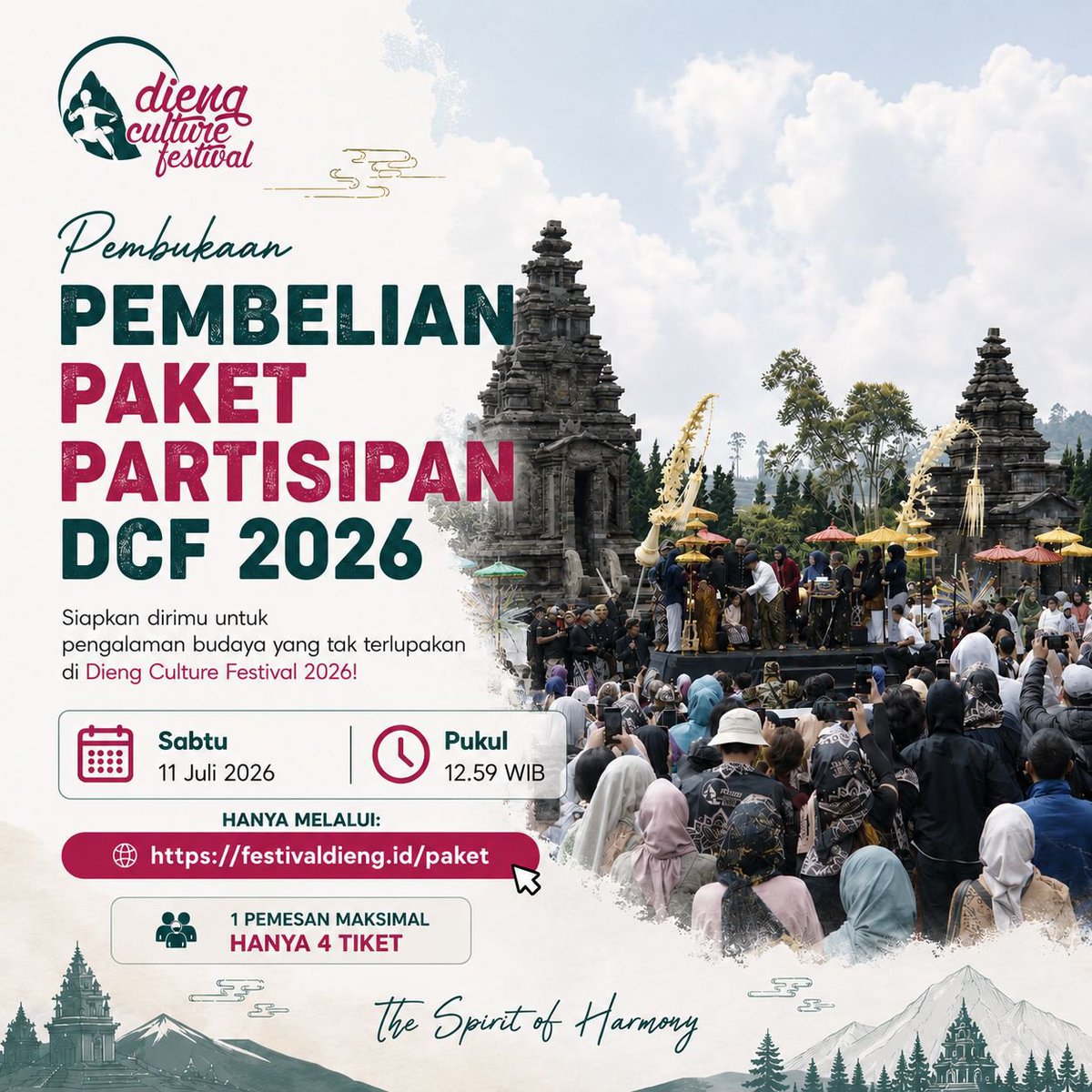 FestivalDiengID's tweet photo. Hai Kak, selamat malam...

Dieng sudah menyiapkan kabut, budaya, dan sejuta cerita loh, masa kalian cuma menyiapkan rasa penasaran? 😄

Yuk, pesan Paket Partisipan DCF 2026 dan siapkan diri untuk kembali menikmati hangatnya kebersamaan di tengah dinginnya Dieng. Jangan terlalu lama mikir, Kak—nanti peket tiketnya keburu jalan-jalan sama orang lain! 😆

Kakak yang datang sendirian kesini, gak usah khawatir, banyak temannya kok. 

Sampai jumpa di Dieng Culture Festival 2026. The Spirit of Harmony!
