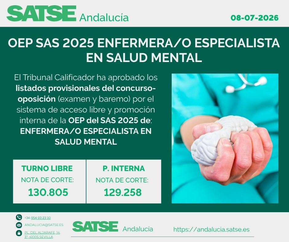 SATSE_Andalucia's tweet photo. 🧠Aprobados los listados provisionales del concurso-oposición #OEPSAS 2025 de #Enfermera Especialista en Enfermería de Salud Mental
🗓️Una vez que se publiquen, podrán presentarse alegaciones en el plazo de 15 días hábiles.
🔗https://t.co/1WfHcAhIIX https://t.co/XWZxycPgU4