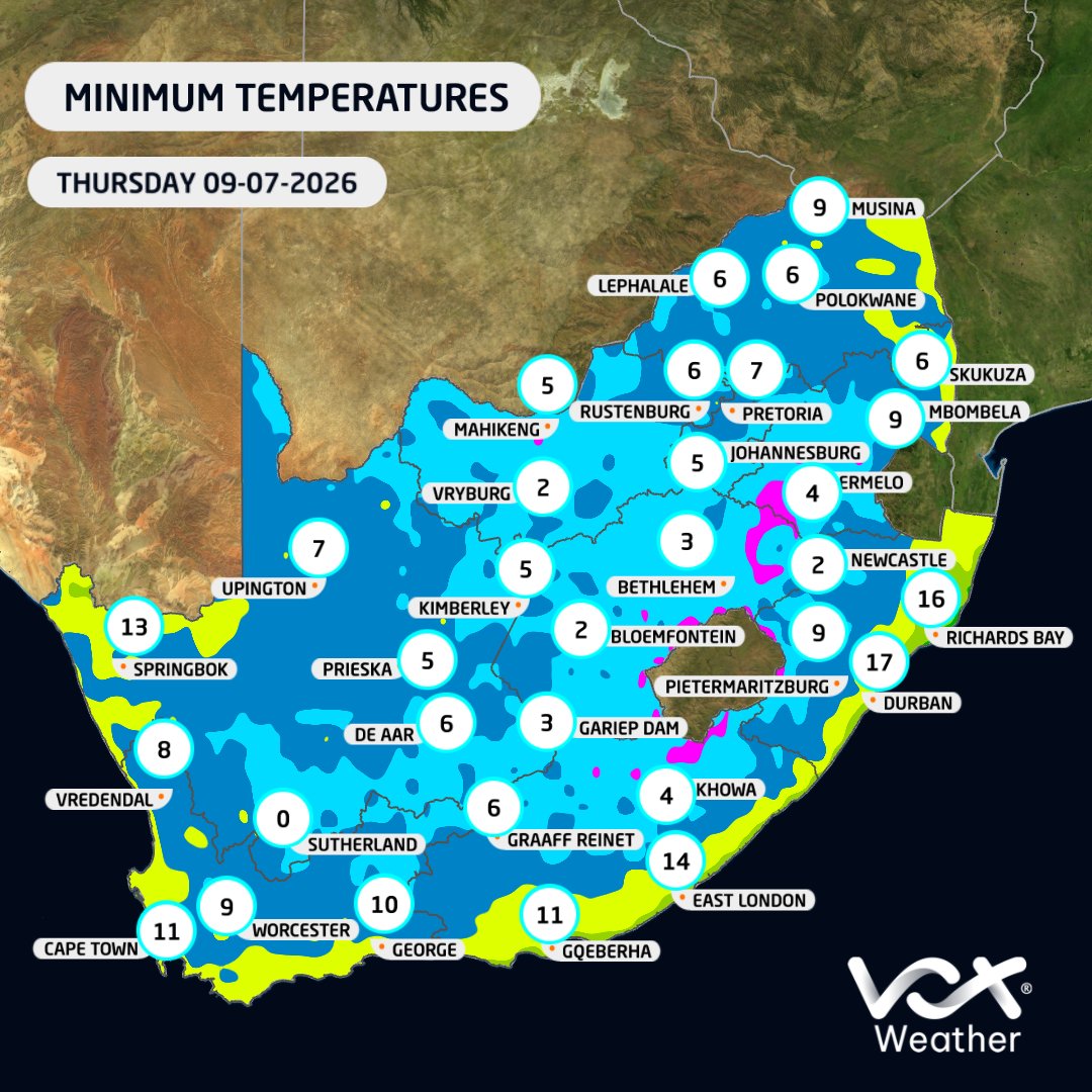 VoxWeatherZa's tweet photo. WEATHER this THURSDAY – 09 July 2026

🌫️ Morning fog is expected over parts of the West Coast &amp; southern interior
🌧️ Cooler &amp; cloudy with light showers in the south, along the east coast &amp; in KZN by evening

Watch Meteorologist Annette Botha live at 6pm on #VoxWeather https://t.co/MKMdZqF0cv