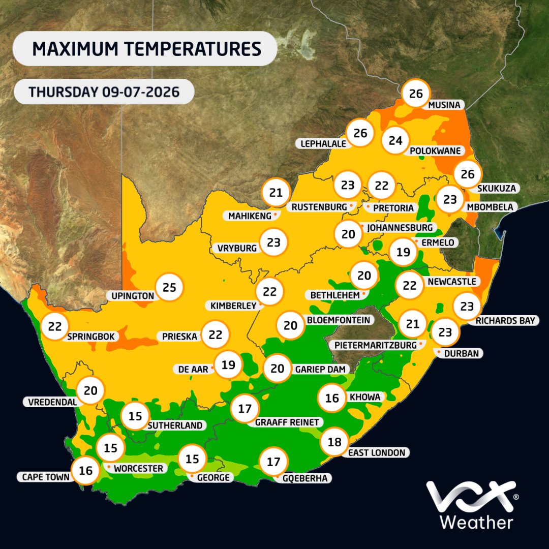 VoxWeatherZa's tweet photo. WEATHER this THURSDAY – 09 July 2026

🌫️ Morning fog is expected over parts of the West Coast &amp; southern interior
🌧️ Cooler &amp; cloudy with light showers in the south, along the east coast &amp; in KZN by evening

Watch Meteorologist Annette Botha live at 6pm on #VoxWeather https://t.co/MKMdZqF0cv