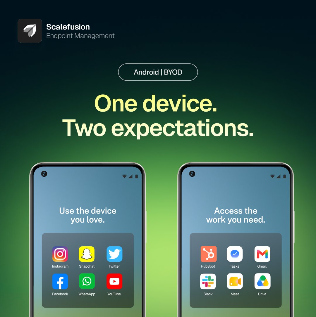 scalefusion's tweet photo. One device. One secure workspace.

With Scalefusion BYOD, employees can use the devices they know while IT securely manages work apps and data without touching personal content.

Learn more: https://t.co/1SHdZDegnq

#BYOD #Scalefusion #UEM https://t.co/GFDxLVpH2l