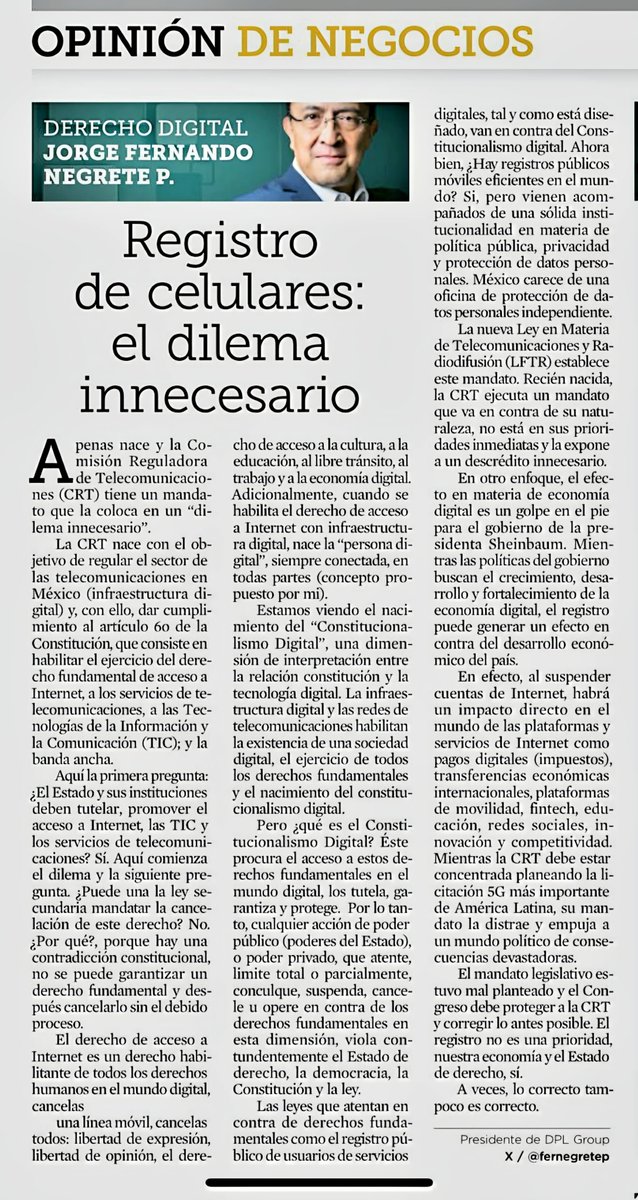 fernegretep's tweet photo. "Registro de celulares: el dilema innecesario"
 ¿Nace la CRT en México con un "dilema innecesario" que amenaza nuestros derechos digitales?

1. La nueva Comisión Reguladora de Telecomunicaciones tiene la misión de garantizar tu derecho a internet. Pero una contradicción en la ley secundaria podría obligarla a hacer todo lo contrario.

2. El peligro de apagar tu "Persona Digital" El acceso a internet es un derecho habilitante. Si el Estado te cancela una línea móvil sin el debido proceso, no solo te desconecta: te quita tu libertad de expresión, derecho a la educación, al trabajo y a la economía digital.

3. Suspender cuentas de internet afectará directamente a fintechs, pagos digitales, plataformas de movilidad y educación. Un freno directo a la competitividad.

4. Mientras la CRT debería estar concentrada en planear la licitación 5G más importante de América Latina, este mandato legislativo mal planteado la empuja a un terreno político devastador.

El Congreso debe corregir esto cuanto antes. Lo correcto, a veces, tampoco es correcto.

### 💬 ¡Abro debate!

¿Crees que un registro de usuarios atenta contra nuestros derechos fundamentales o es necesario para la seguridad? ¿Cómo afectará esto a la economía digital en México?

¡Los leo en los comentarios! 👇🗣️ #CRT #Telecomunicaciones #DerechosDigitales #México #5G
