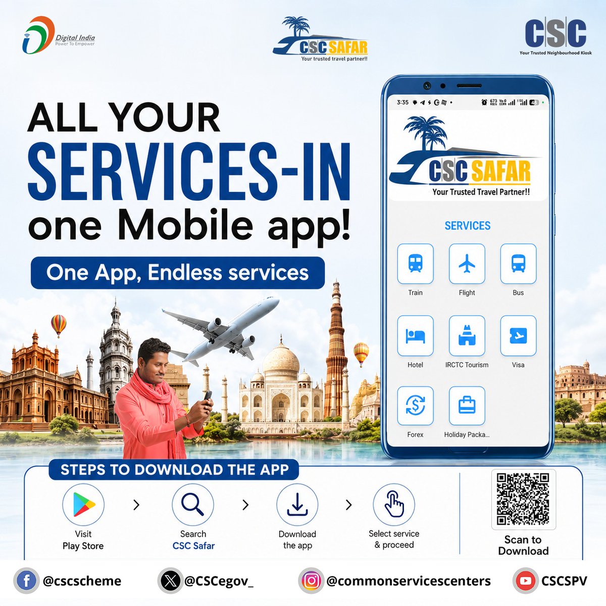 CSCegov_'s tweet photo. CSC Safar Mobile APP - All your services in one mobile app!

One app, endless services...

To download, visit: https://t.co/MjjttvaHSj

#CSC #CSCSafar #CSCSafarApp #Digitalindia #CSCTravelService #DigitalInclusion #DigitalTransformation https://t.co/Ftdx6th4mW