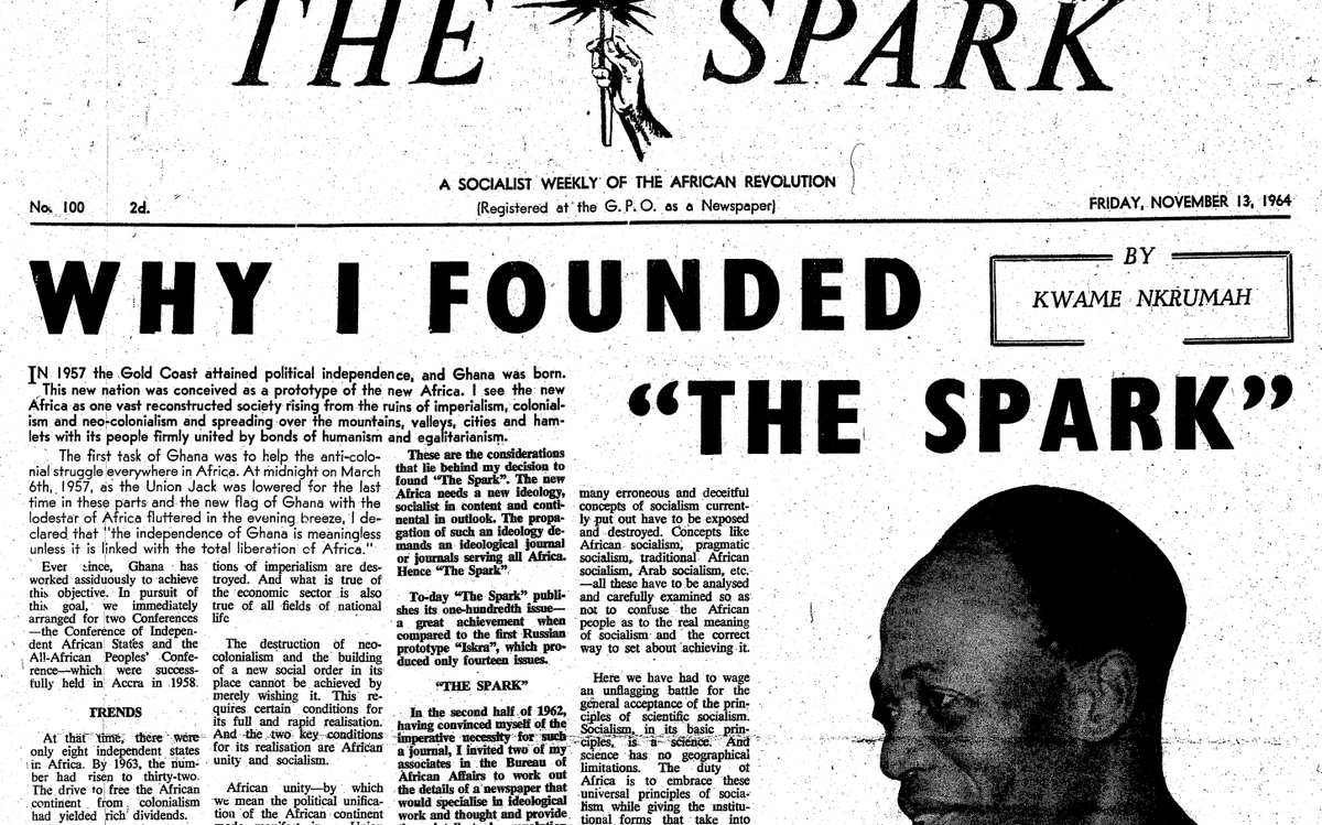 KwekuOA's tweet photo. The Spark was a weekly newspaper launched by Kwame Nkrumah in 1963. 

Why did he start this newspaper? Well, you can find out in his own words, with the headline article, "Why I founded The Spark", by Kwame Nkrumah himself. 

Read the 100th edition of The Spark below (PDF). https://t.co/WGO1eKH4LF