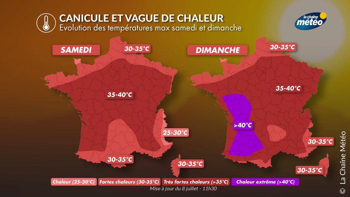 lachainemeteo's tweet photo. 🌡️🥵 Voici les températures maximales envisagées d'ici le début de semaine prochaine pour cette #canicule qui est loin d'être terminée. Les régions les plus exposées aux températures extrêmes s'étendent du sud à l'ouest en passant par le centre. https://t.co/yxmQlO5gM6