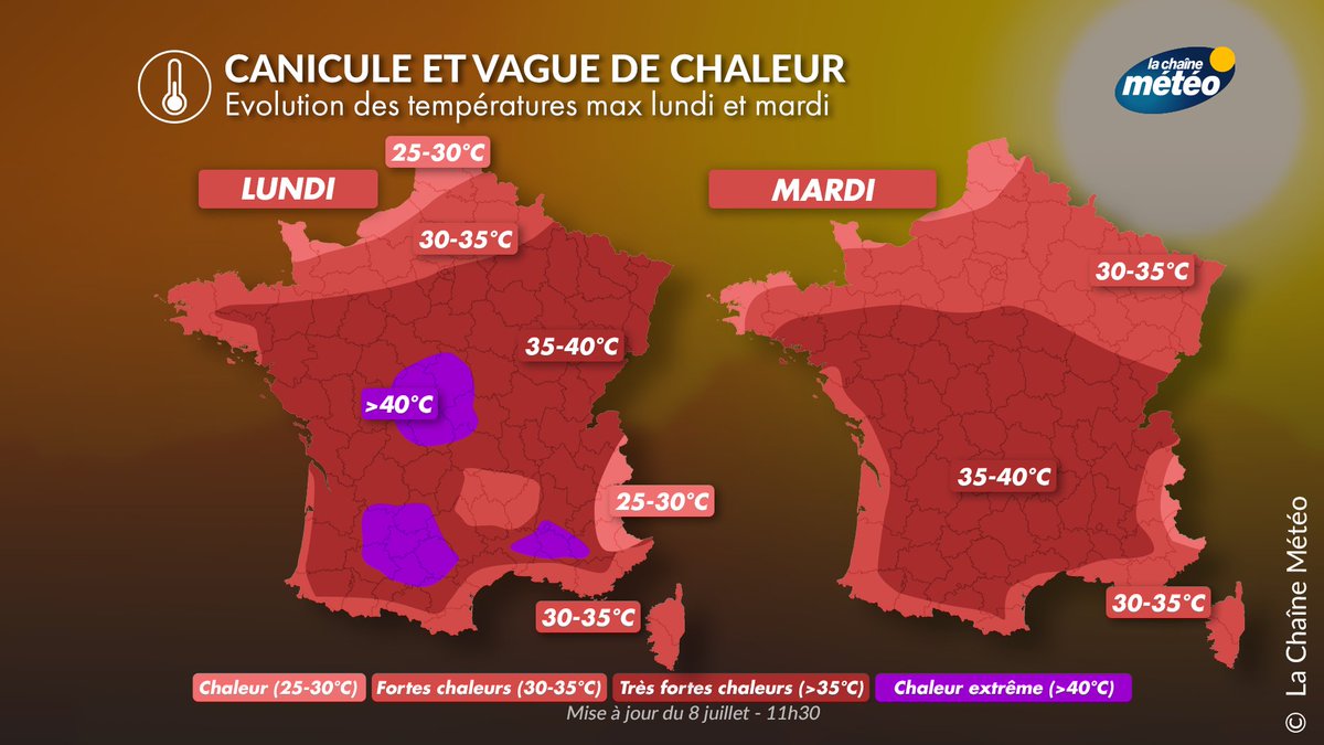 lachainemeteo's tweet photo. 🌡️🥵 Voici les températures maximales envisagées d'ici le début de semaine prochaine pour cette #canicule qui est loin d'être terminée. Les régions les plus exposées aux températures extrêmes s'étendent du sud à l'ouest en passant par le centre. https://t.co/yxmQlO5gM6