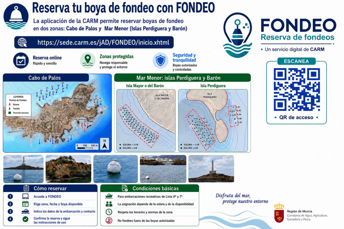 PMaritimaIntRM's tweet photo. Este verano, Cabo de Palos —Célula C de la Reserva Marina— y el Mar Menor —islas Barón y Perdiguera— cuentan con boyas de fondeo para embarcaciones recreativas.
Reserva online con FONDEO:
https://t.co/Mtj6ntwdgh
Acceso con certificado digital o Clave móvil. https://t.co/voYRZu4pdK