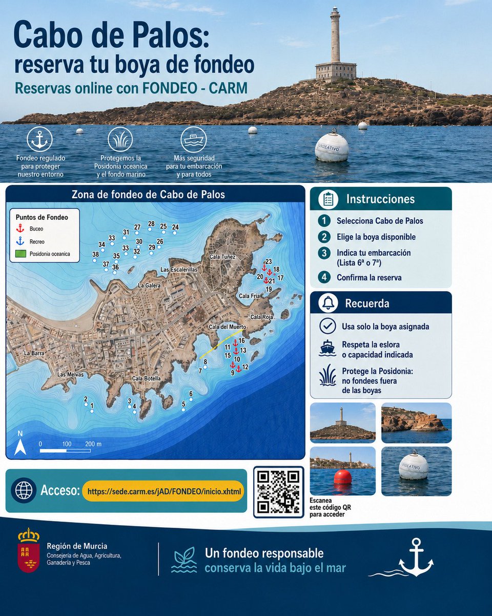 PMaritimaIntRM's tweet photo. Este verano, Cabo de Palos —Célula C de la Reserva Marina— y el Mar Menor —islas Barón y Perdiguera— cuentan con boyas de fondeo para embarcaciones recreativas.
Reserva online con FONDEO:
https://t.co/Mtj6ntwdgh
Acceso con certificado digital o Clave móvil. https://t.co/voYRZu4pdK