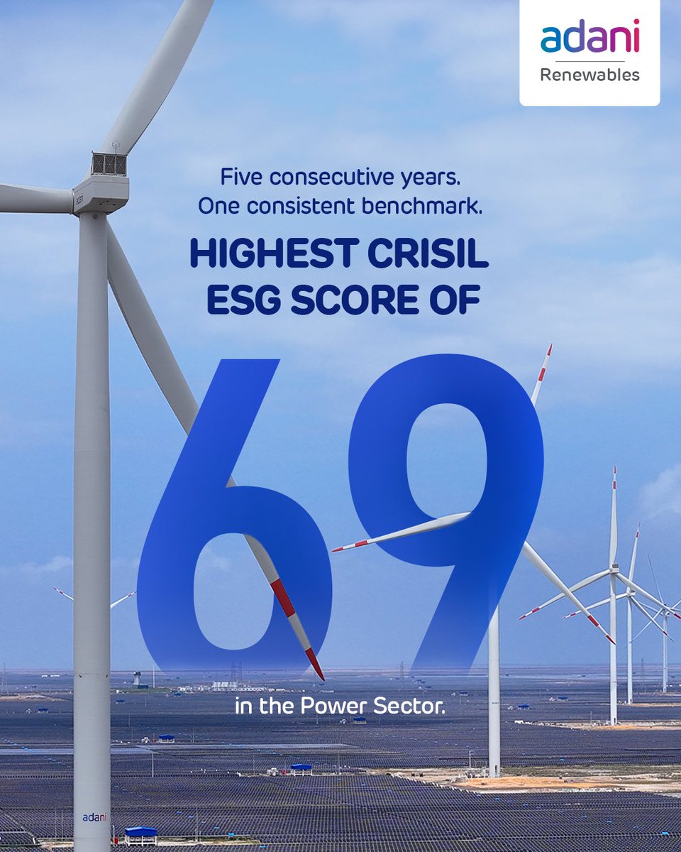 AdaniGreen's tweet photo. Leading with purpose. Growing with responsibility.

Adani Green Energy has achieved the highest CRISIL ESG score of 69 in the power sector for the fifth consecutive year, reaffirming our commitment to embedding sustainability and strong governance into every step of our growth journey.

#AdaniGreenEnergy #ESG #Sustainability #RenewableEnergy