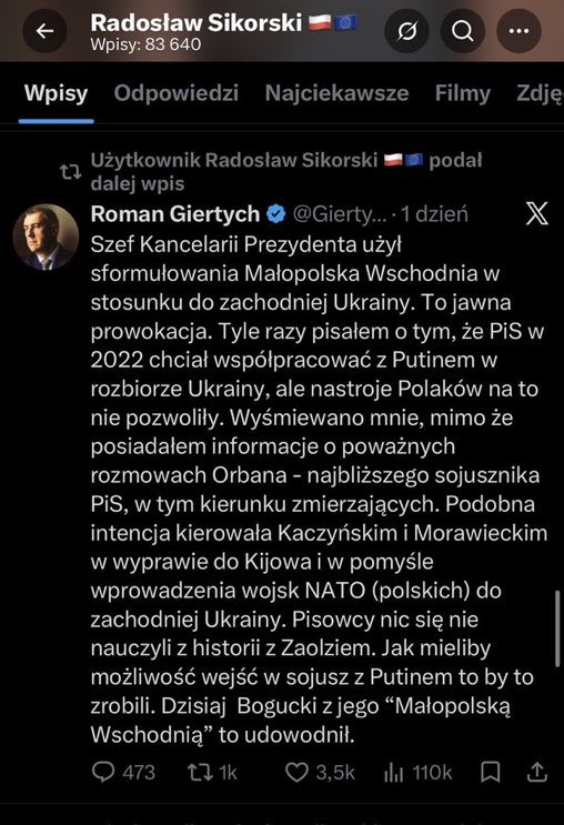 chrzanikx's tweet photo. Najpierw Sikorski podaje dalej tweeta, w którym wprost oskarża się polską partię opozycyjną o próbę ROZBIORU Ukrainy, a potem wrzuca tweeta kręcąc bekę ze starcia Giorgii Meloni i Trumpa 

Absolutny wstyd dla Polski mieć takiego ministra spraw zagranicznych… https://t.co/0NfDHkWAAy