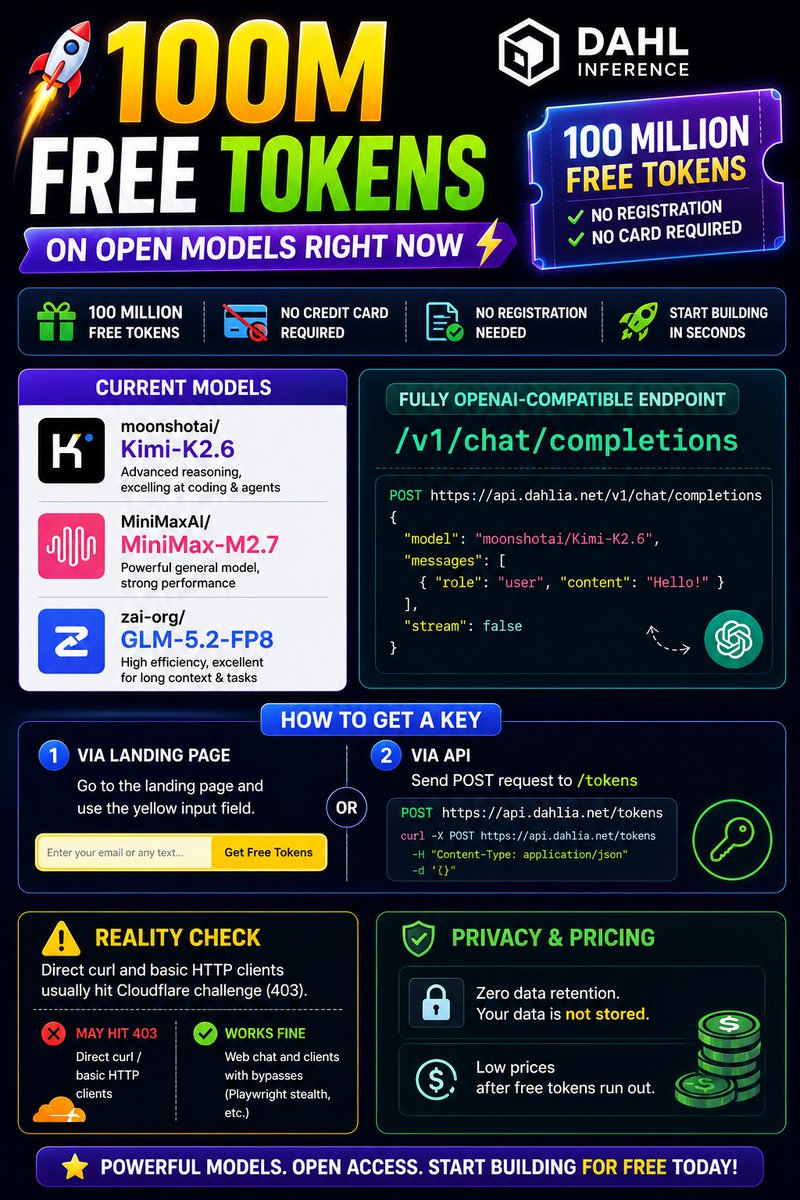 NeuraQuanta's tweet photo. 🚀 100M FREE AI tokens.

Available models:
• Kimi K2.6
• MiniMax M2.7
• GLM 5.2

✅ OpenAI-compatible API
✅ No card
✅ No registration

🔖 Bookmark this before it's gone. https://t.co/3eSn0fEDut
