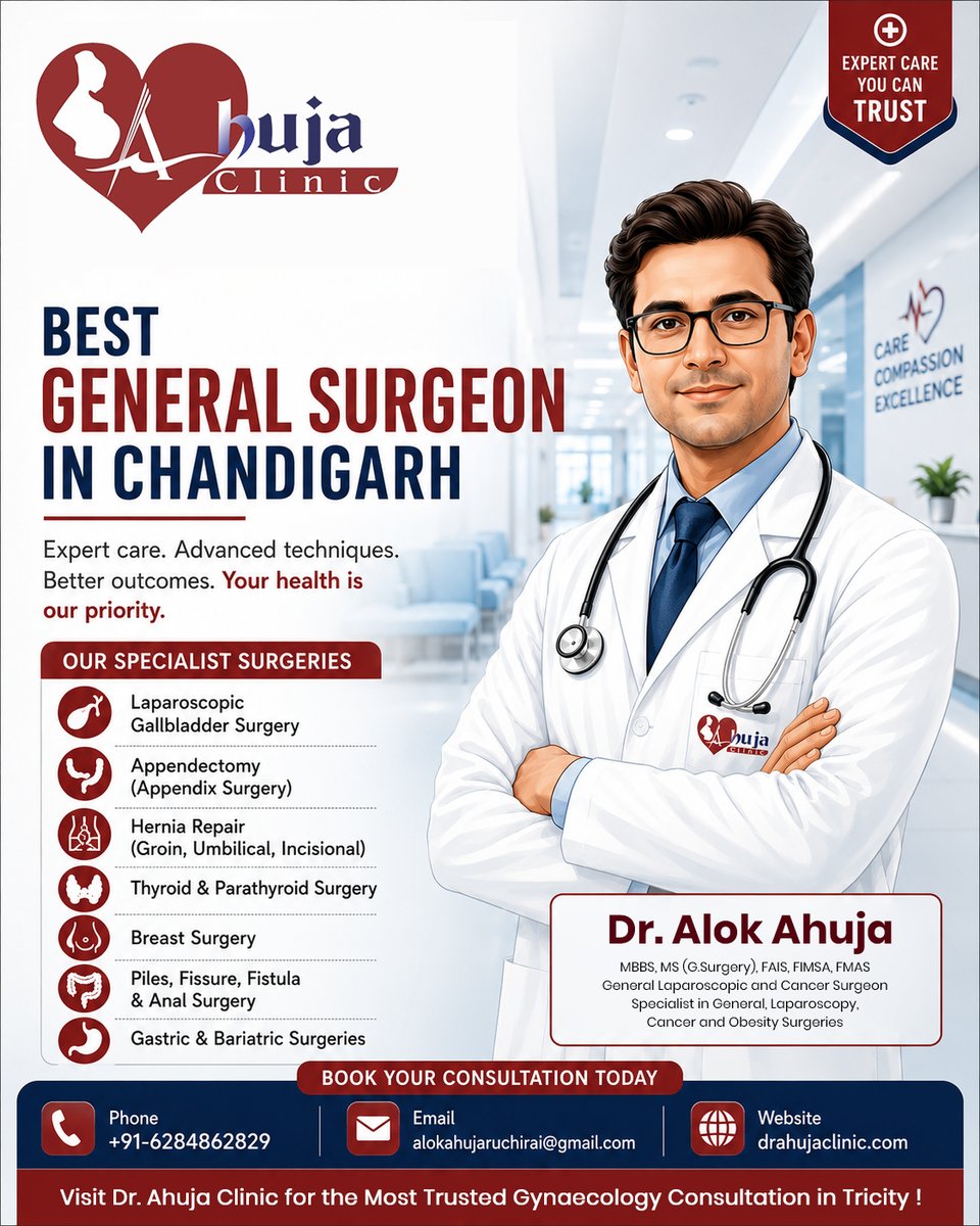 ahujaclinicCH's tweet photo. At Ahuja Clinic, Dr. Alok Ahuja provides advanced treatment for general, laparoscopic, cancer, obesity, hernia, gallbladder, thyroid, breast, and gastrointestinal surgeries. 

Book your consultation now.
+91-628486282

#DrAlokAhuja #AhujaClinic #GeneralSurgeon #ChandigarhDoctor https://t.co/1eiWJSyx7q