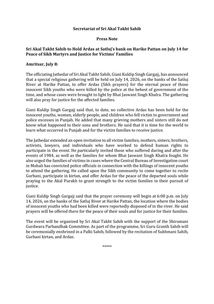 J_SriAkalTakht's tweet photo. Sri Akal Takht Sahib to Hold Ardas at Satluj’s bank on Harike Pattan at 6 pm on July 14 for Peace of Sikh Martyrs and Justice for Victims' Families https://t.co/3tlg4GujCL