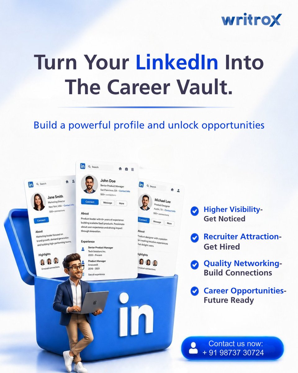 writrox's tweet photo. Your LinkedIn profile is your digital first impression. 

Make it count with a professionally optimized profile that boosts visibility, attracts recruiters, and creates new career opportunities.

Turn Your LinkedIn Into The Career Vault.

📧 info@writrox.com
#Writrox #LinkedIn https://t.co/bOti8HVOTm