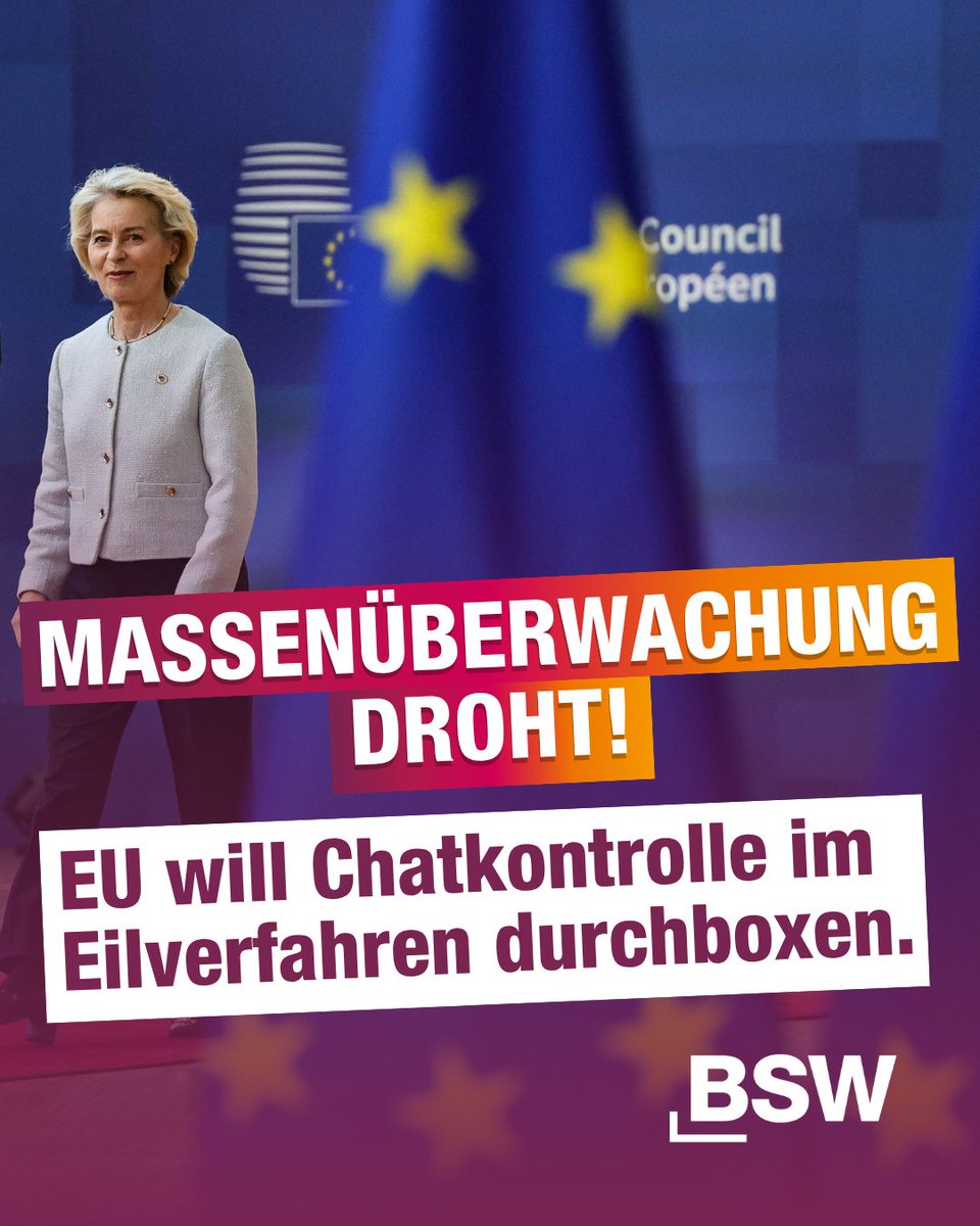 BSWbund's tweet photo. Wird Europa zum Überwachungsstaat?

Die Massenüberwachung von Chats hatte das EU-Parlament erst im März noch mehrheitlich abgelehnt. Am Donnerstag könnte die sogenannte „Chatkontrolle“ nun trotzdem beschlossen werden. 

„Selbstverständlich muss Kindesmissbrauch bekämpft werden, aber nicht mit der Chatkontrolle als trojanischem Pferd, um anlasslos hunderte Millionen EU-Bürger mit unzuverlässigen Algorithmen zu überwachen!“, kritisiert unser Parteivorsitzender @FabioDeMasi. 

Sollte bei der inhaltlichen Abstimmung am Donnerstag keine absolute Mehrheit im Parlament gegen das EU-Vorhaben stimmen, wäre der Vorschlag doch noch angenommen. Das #BSW lehnt die Chatkontrolle ab, weil sie den Anbietern von Online-Kommunikation erlaubt, bis April 2028 auch privat gesendete Chats anlasslos zu kontrollieren. Wir fordern, diesen massiven Eingriff in die Privatsphäre nur in konkreten Verdachtsfällen zu ermöglichen.

Dass das Vorhaben auf Druck der #EU-Staaten dem EU-Parlament nun ein drittes Mal zur Abstimmung vorgelegt wird, verrät viel über das Demokratieverständnis dieser EU.

Das BSW sagt klar und deutlich: Nein zur #Chatkontrolle!