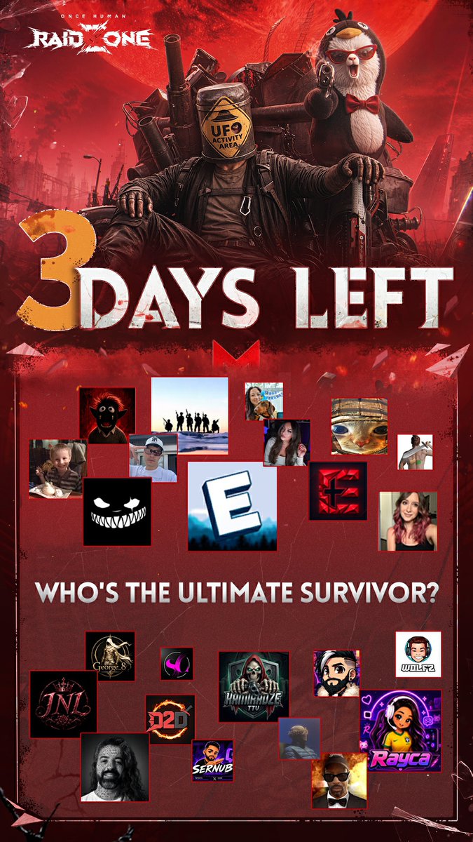 OnceHuman_'s tweet photo. ⏳ Raid for Glory Begins in 3 Days

Only 3 days until the Once Human RaidZone Tournament kicks off! Meet the first batch of survival streamers ready for three days of intense PvP action.

💭Who's your top pick? Let us know in the comments!

🎁 More tournament details & viewing rewards:
https://t.co/QMbbW58feH

📺 Tune in to @h7une 's channel, July 10–12, daily from 12 PM–4 PM PT, and earn exclusive Drops:
https://t.co/fXWJSIWvOi

#OnceHuman #RaidZone #RaidForGlory