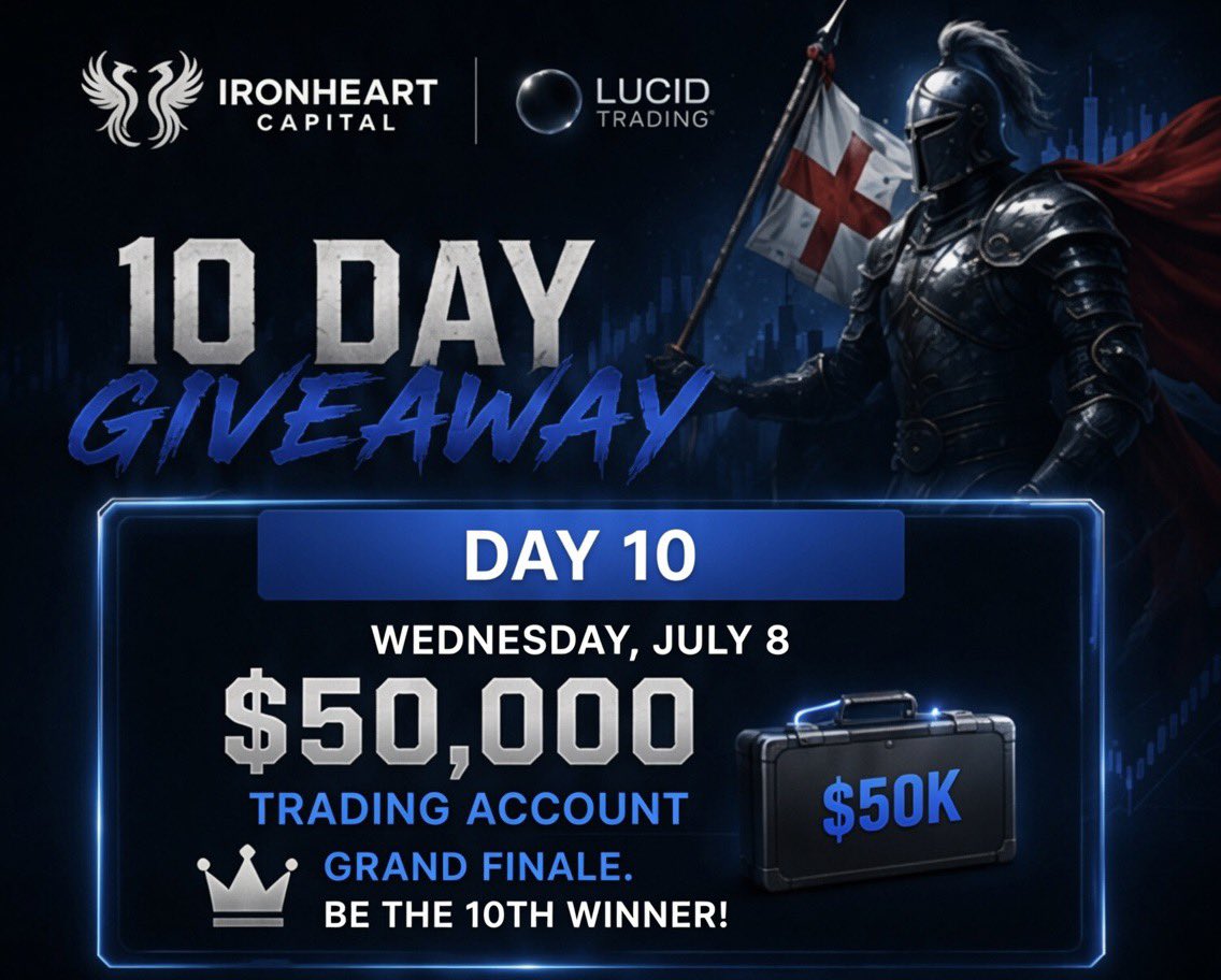 Ironheart_Cap's tweet photo. Day 10 of 10.

To enter: 

→ Follow @IronheartCapital
→ Like this post
→ Repost this post
→ Comment your Discord username below → Join the Discord

One $50,000 Lucid Flex funded account given away today. No more chances after this one. 👇

Don’t miss out! https://t.co/shinKZnSIA