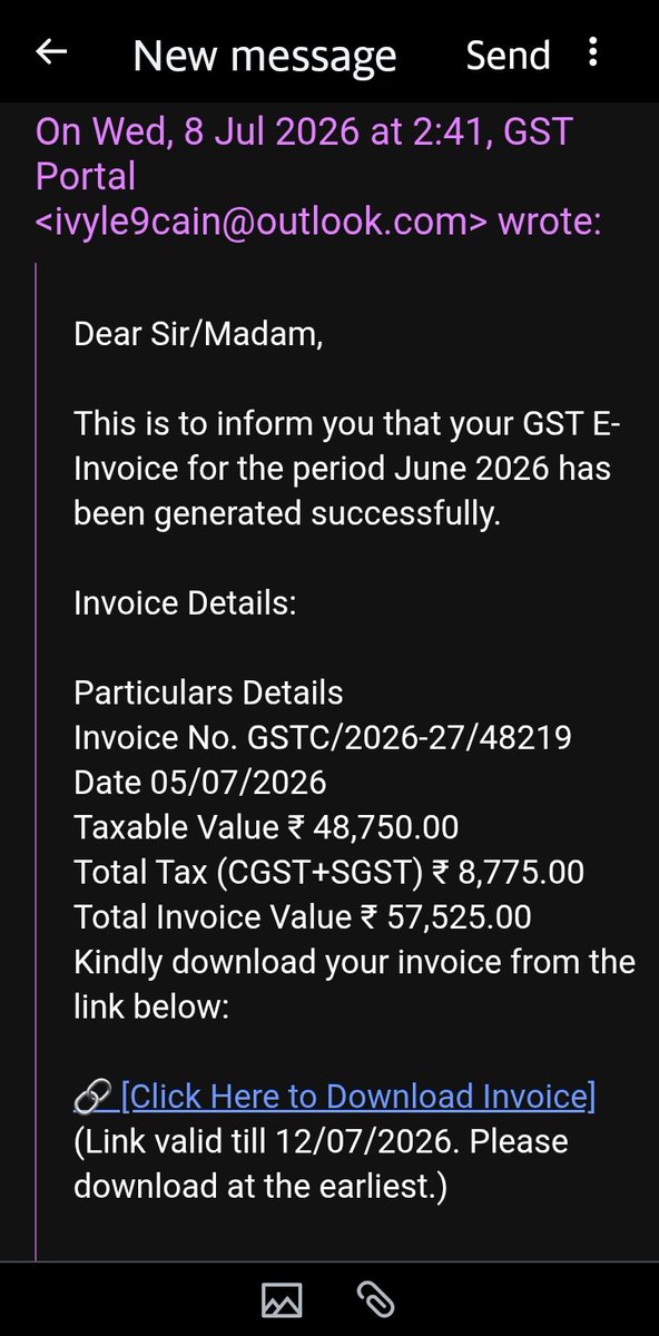 MilanVMehta's tweet photo. 🙏Request @cbic_india to inform every GST registered entity not to open such emails as attached, received by me. Important is always to check who the sender is and not panic into doing exactly what the sender wants, which shall lead to emptying bank accounts and/or blackmail. https://t.co/rMAUzTMkRu