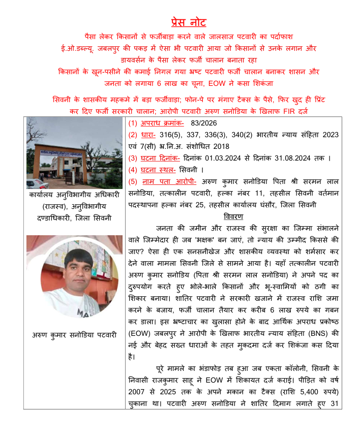 Eow_MP's tweet photo. आर्थिक अपराध प्रकोष्ठ, जबलपुर द्वारा किसानों से फर्जीबाड़ा करने वाले पटवारी अरुण सनोडिया के विरूद्ध अपराध पंजीबद्ध किया, आरोपी के द्वारा  PhonePe पर लगान एवं डायवर्सन के पैसे  लेकर खुद फर्जी चालान बनाए। राशि रूपये  6 लाख का गबन किया । https://t.co/LoZk2jvino